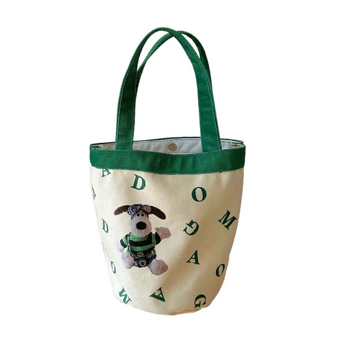 Fun Cartoon Cute Dog Cylinder Lunch Box Bag Personalized Creative Letter Portable Student Commuting Contrast Color Lunch Box Bag
