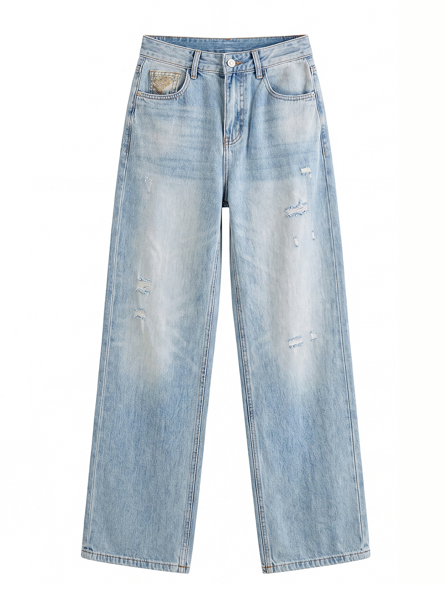 Quần jean nữ ống rộng cạp cao, chất cotton phối bướm đính đá và rách thủng — xanh lam