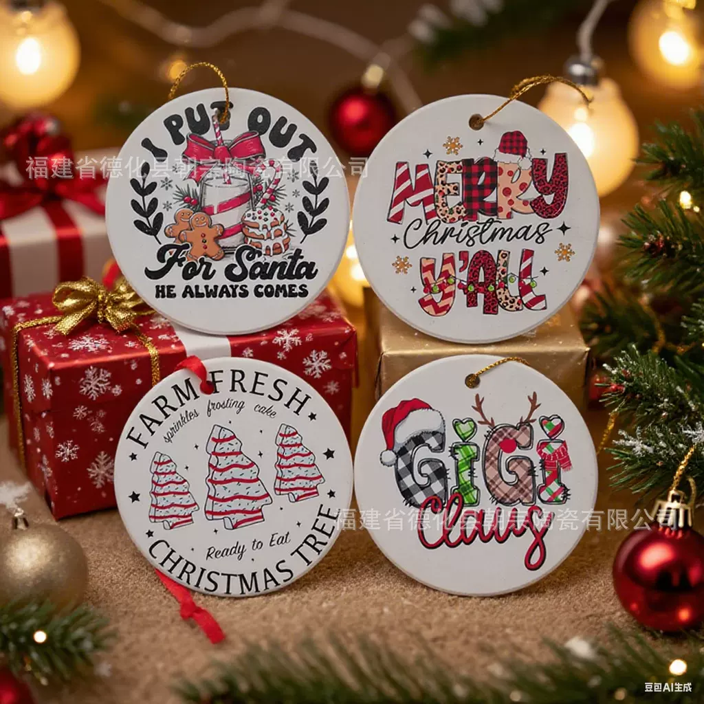 批发新品跨境陶瓷圆形吊件 圣诞陶瓷挂饰数码UV印双面印挂件挂饰