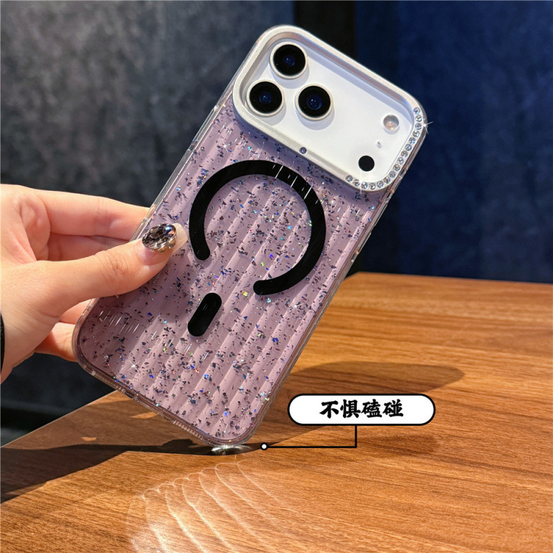 适用iphone17手机壳瓦楞磁吸壳苹果17promax镶钻闪粉17pro透明壳|undefined