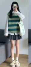 5617#条纹宽松学院风圆领撞色条纹毛衣针织衫马甲背心女学生