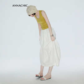 ANNACHIC遮肉神裙_白色立体花苞半身裙女夏松紧腰褶皱空气感半裙