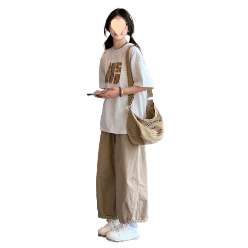 カーキ色のズボンのワイドパンツの女性2025の新型の夏のハイウエストの垂直感はやせています。|undefined