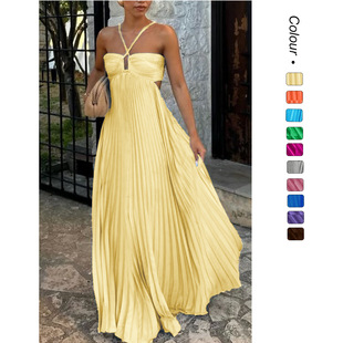 in stock 25 Summer New European and American Cross-border Foreign Trade Solid Color Tube Pleated Sleeveless Sling dress -68629