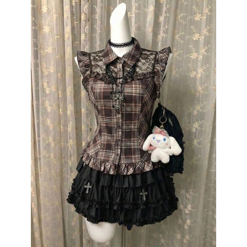 Hazelnut Cocoa Spring/Summer New Vintage Design Small Flutter Sleeve Plaid Shirt and Skirt Set for Trendy Girls Hazelnut Cocoa Spring/Summer New Vintage Design Small Flutter Sleeve Plaid Shirt and Skirt Set for Trendy Girls
