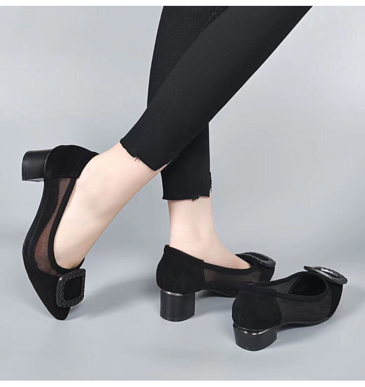 Giày lười nữ mũi nhọn da lưới thoáng khí, xỏ chân tiện lợi, gót 3 cm — Gót đen cao 3 cm chi tiết 13
