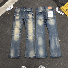 跨境PU美式高街轻奢潮牌破洞微喇叭拼接牛仔裤男女同款修身休闲装