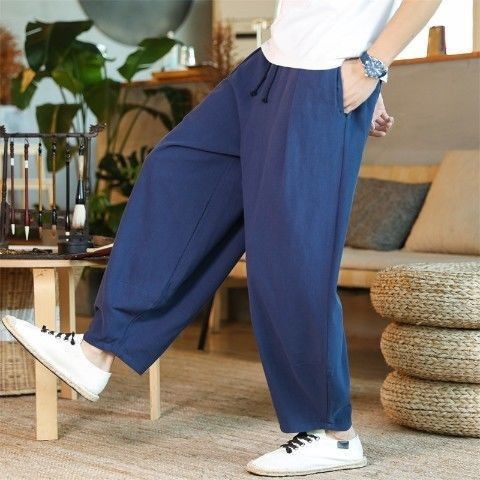 Primavera y verano chinos nuevos pantalones anchos para hombres de mediana edad, pantalones sueltos de algodón, lino y lino, pantalones de linterna de práctica de gran tamaño