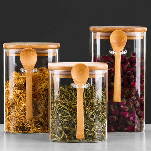 High borosilicate glass high-temperature resistant square tea snack storage jar with wooden spoon lid, five-grain glass sealed jar