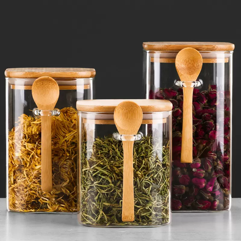 高硼硅耐高温密封方形茶叶零食储物罐带木勺盖五谷杂粮玻璃密封罐