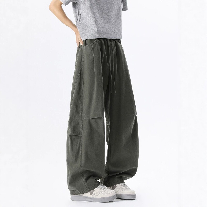 Military green deconstructed patchwork curved-leg casual pants, unisex, autumn style, American street fashion, pleated, loose fit, solid color, wide-leg pants