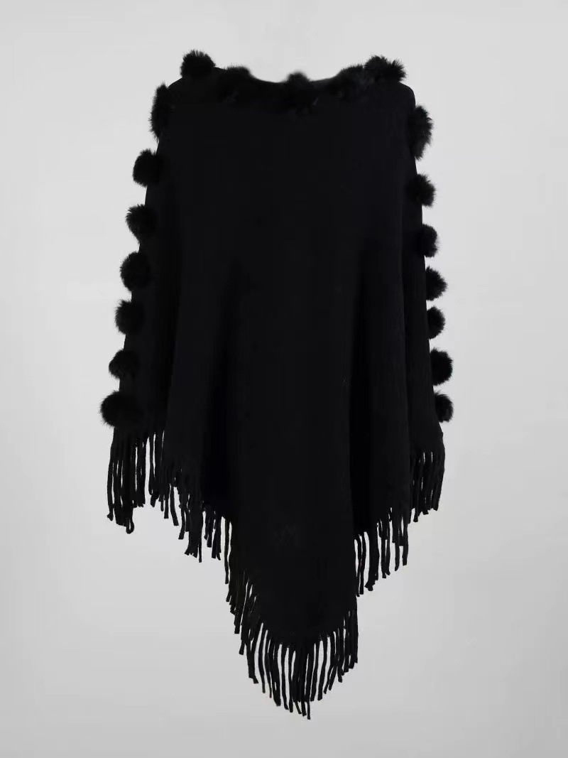 Cape à pompon en poils de lapin pour femme, pull à col rond_voghion.com