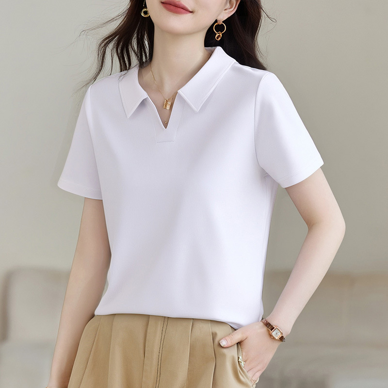 ポロカラー半袖Tシャツレディース2025年夏新作人気右肩無地半袖おしゃれ年齢軽減着痩せトップス|undefined
