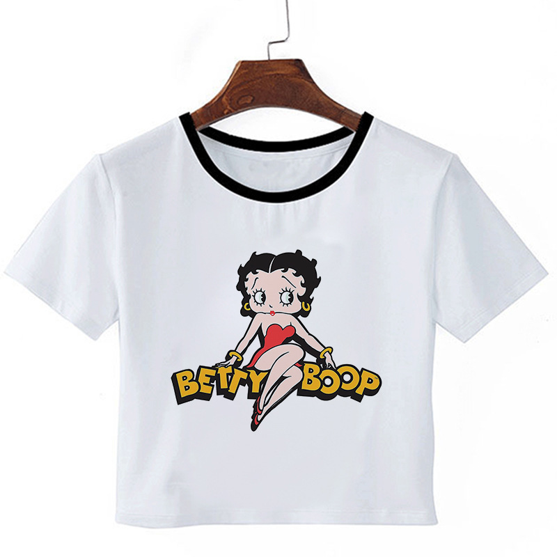 Betty T Shirt Crop Top summer sexy Miss Betty cartoon printed navel white T-shirt for women