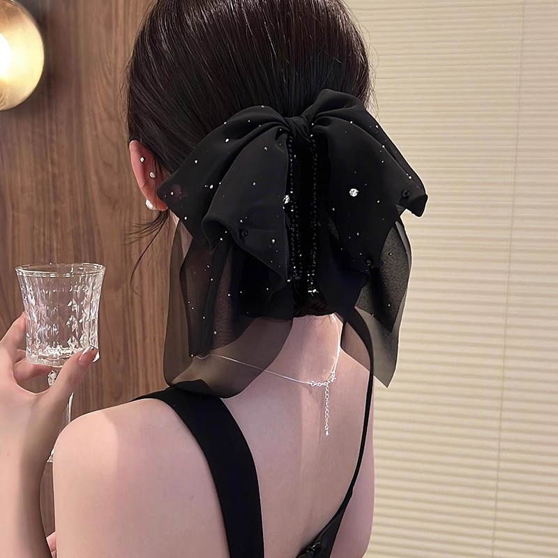抖音热销星辰轻纱蝴蝶结串珠流苏抓夹精致高马尾百搭时尚鲨鱼夹女