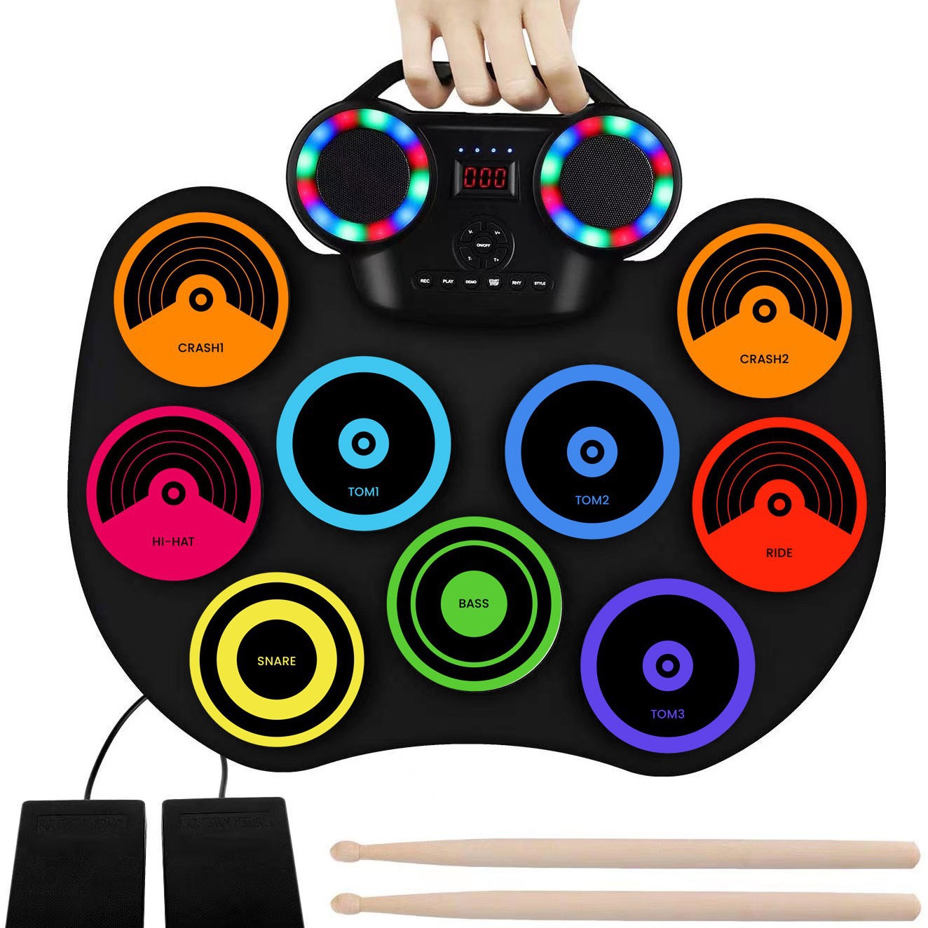 WERSI tambor electrónico portátil rollo de mano tambor electrónico luz intermitente Bluetooth tambor incorporado batería de litio con altavoz