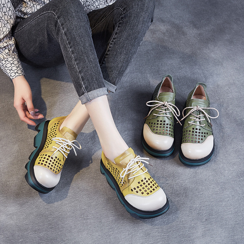 Summer Hole Shoes Women's Genuine Leather Vintage Colorblock Mother Shoes Lace-up Thick Wedge Hollow-out Sandals Casual Beach Shoes