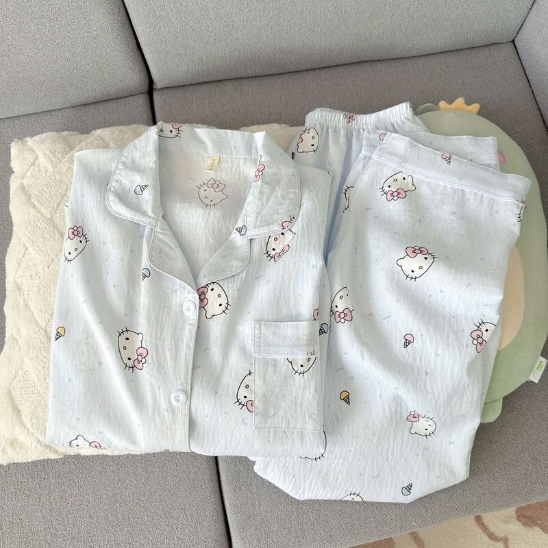 Soft cloud cotton sweet kitty cat spring and autumn pajamas for women, cute and adorable student long-sleeve home wear set