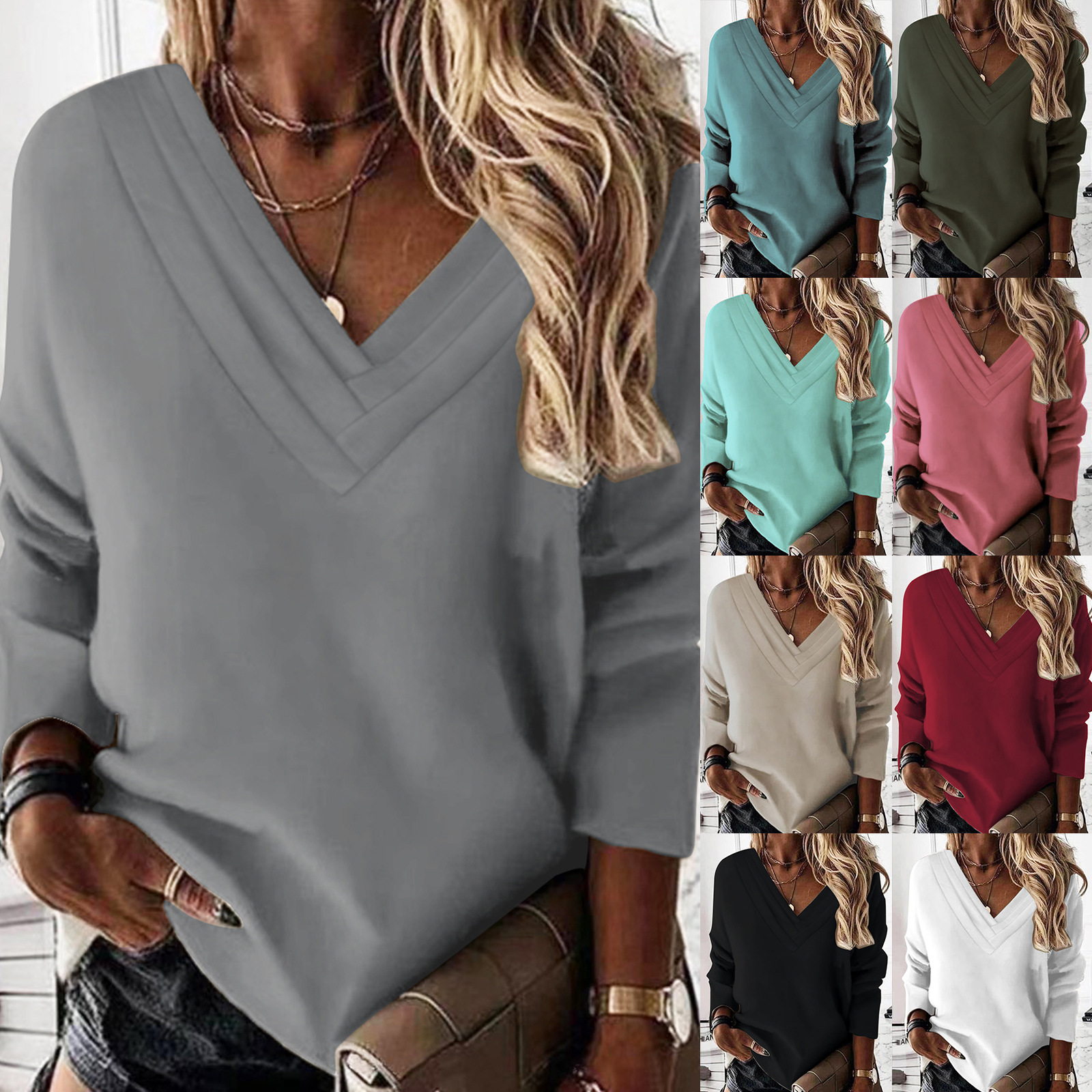 2023 New Amazon AliExpress European and American Women's Long Sleeve Top Multi-Layer V-Neck Sweat for Women