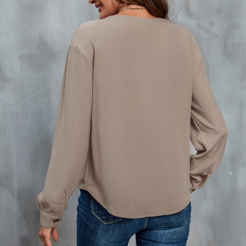 autumn new button v-neck long-sleeved knitted women's solid color blouses_voghion.com