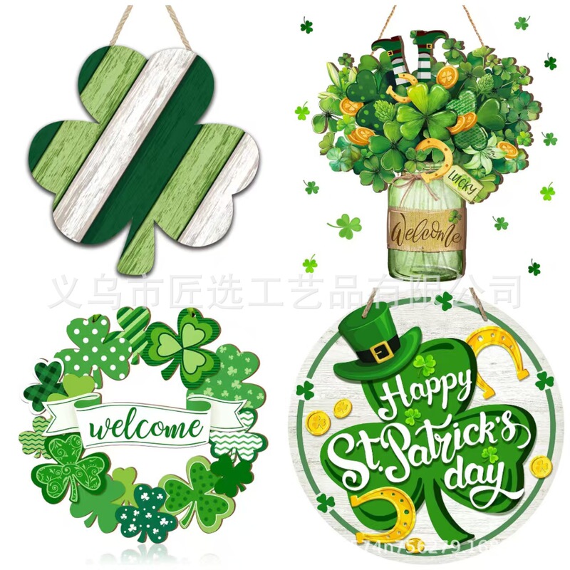 Cross-Border New Product Wooden Pendant Clover Patrick's Day Party Front Door St. Patrick's Day Wholesale