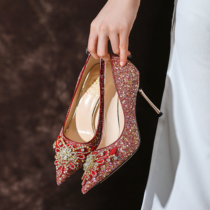 Winter high heels for bride pointed-toe low-cut stiletto heels with…
