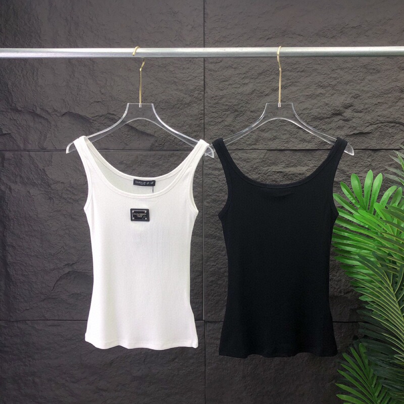 Cross-Border Export Women's Retro Metal Letter Vest Threaded U-Neck Elastic Slim Sleeveless Suspender Top Trendy Brand