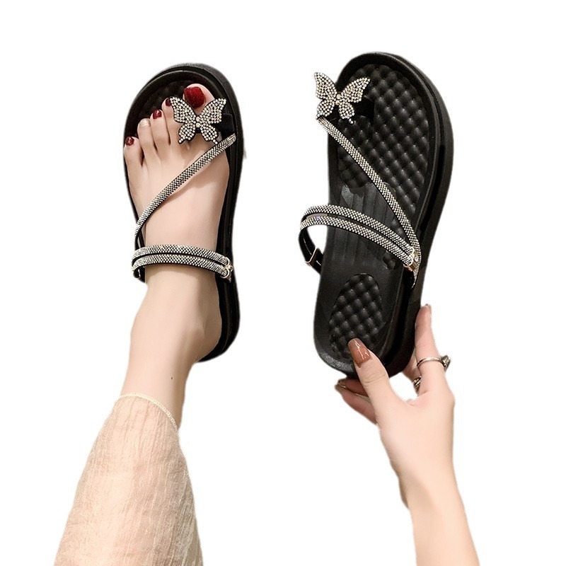 Fairy Cool for Women 2024 New Summer Water Diamond Set Beach Shoes with Pinched Toe Cake Thick Sole Herringbone Slippers_voghion.com