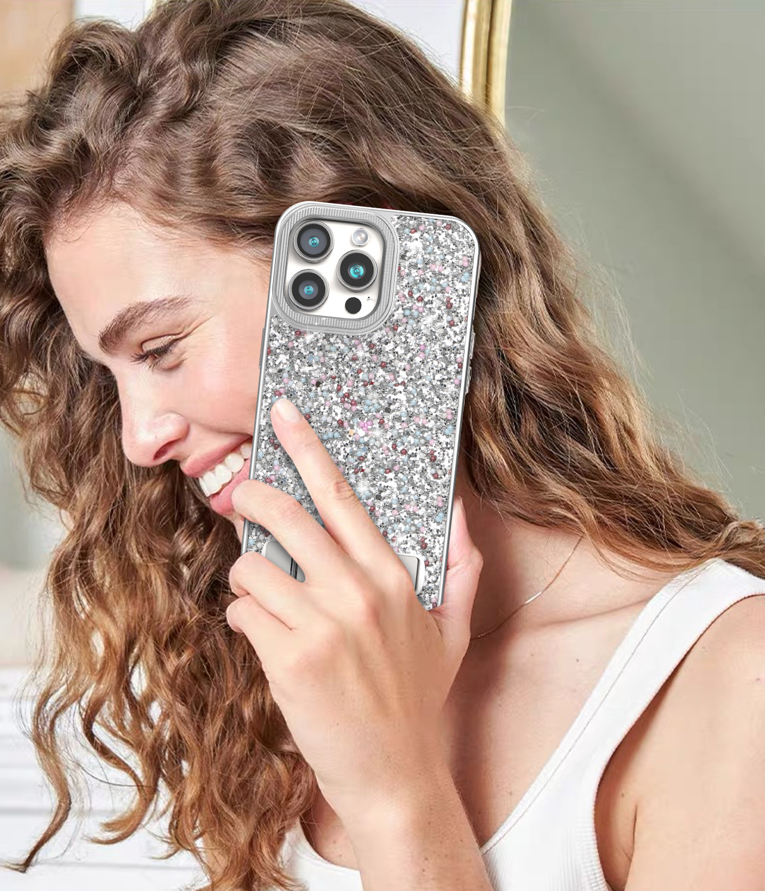 Ốp lưng iPhone đính đá sang trọng, chân đế kim cương, chống sốc viền dày cho 16 Pro Max / 15 / 14 Pro — Trắng đàn piano, Đen kinh điển, Màu vàng đậm chi tiết 14
