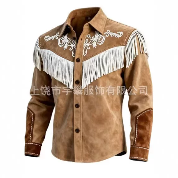 2026 New Style Western Tribal Ethnic Fringe Men's Casual Sports Outdoor Street Long-Sleeve Button-Up Shirt