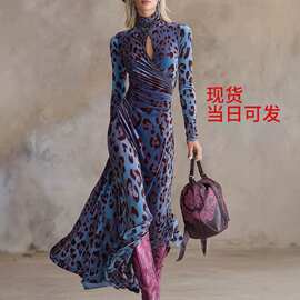 2026跨境亚马孙跨境开叉豹纹长款长袖包臀 女连衣裙