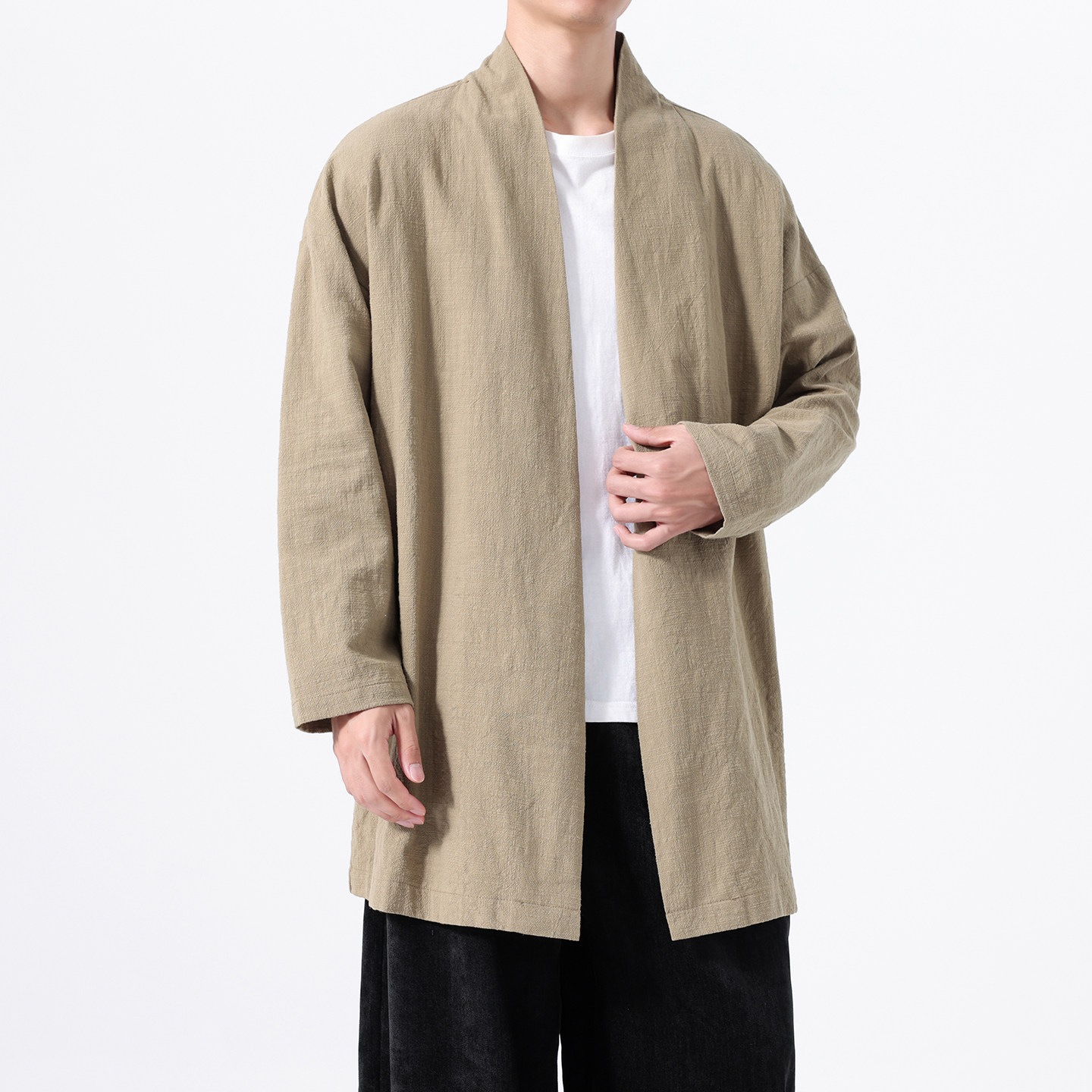 Autumn Chinese-style modified Hanfu stand-collar cardigan, large size, loose, mid-length, cotton-linen, simple casual coat