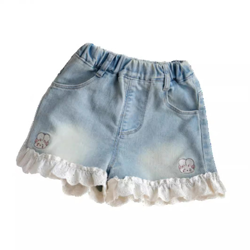 Summer Floral Edge Heat Shorts 2024 New Korean Style Cartoon Rabbit Embroidery Earbud Edge Stretch Denim Shorts