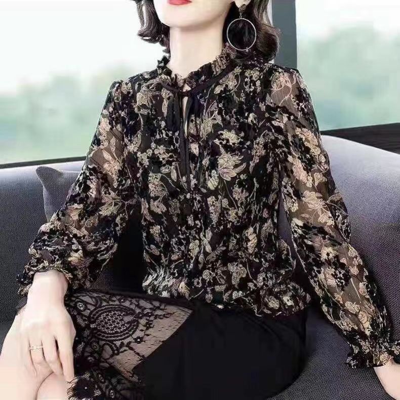 시폰 셔츠 여성용 긴팔베이스 셔츠 2023 새로운 스타일 어머니의 느슨한 서양 스타일 쉬폰 셔츠 배꼽 커버 탑