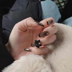 B259 Black Butterfly French Trapezoid Nail Art Nail Set, High-Grade Black Transparent Black Butterfly Bow Wholesale