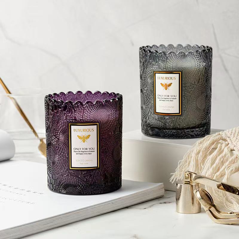 Boutique de encaje taza aromaterapia frasco de vidrio en relieve de encaje vela Copa de gama alta de fondo grueso botella de color botella de aromaterapia