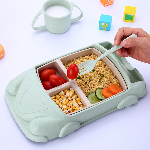 Set of 5 Wheat Straw Tableware for Home Use - Creative Child Divided Plate, Water Cup, Soup Spoon, Fruit Fork, Chopsticks