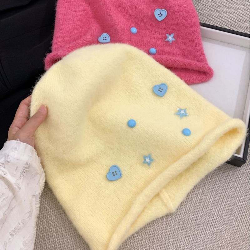 日系甜美爱心纽扣星星堆堆帽女秋冬保暖大头围显脸小宽松堆堆帽子|undefined