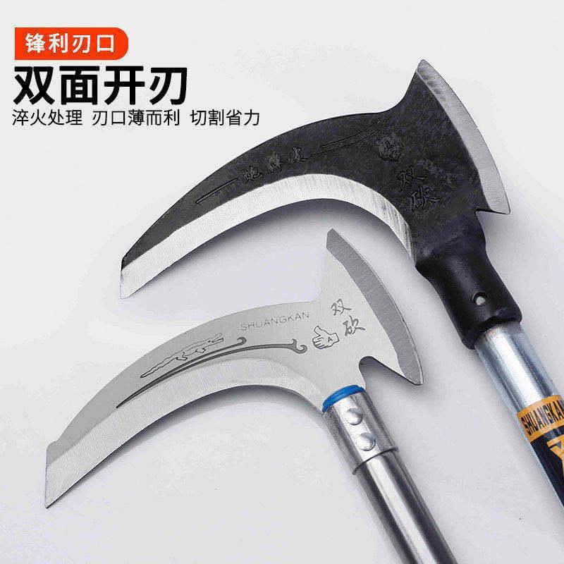 Multi-purpose scythe with long handle: grass cutter, mountain tool, fishing aid, outdoor and agricultural equipment—ideal for harvesting, tree cutting, and firewood chopping. High-quality hardware tool.