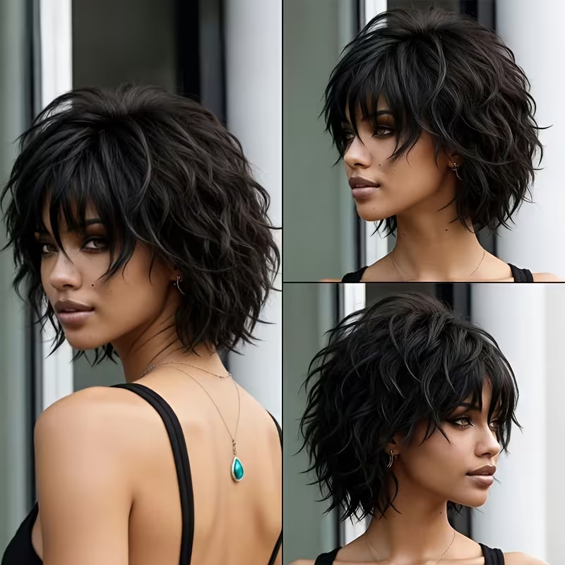 Cross-Border Women's Black Layered Wolf Tail Short Wig, Fluffy Messy Curly Bob Pixie Short Hair Cosplay Wig