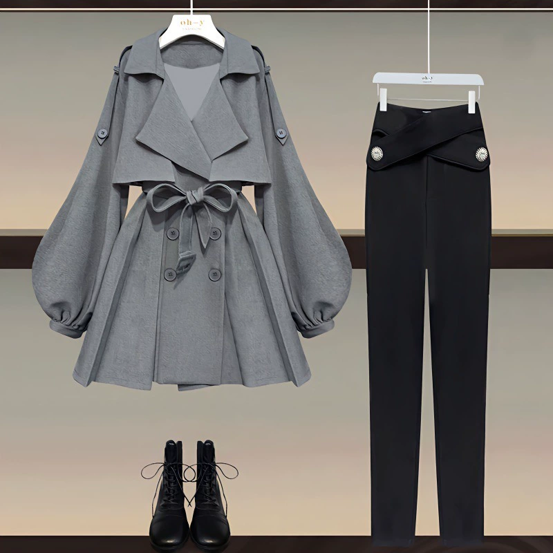Кейп-плащ (trench coat) корейского стиля, плюс-сайз, приталенный с поясом, осенний