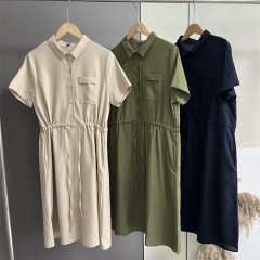 7823女装夏の新型亜麻シンプル気質通勤襟ストレート快適半袖シャツワンピース