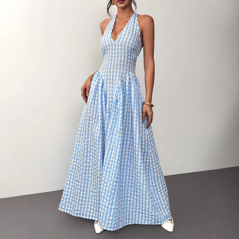 Aliexpress American Hot Girl Plaid Halter Neck Long Dress Women's 2025 Autumn New Style Deep V-Neck Sexy Waist Long