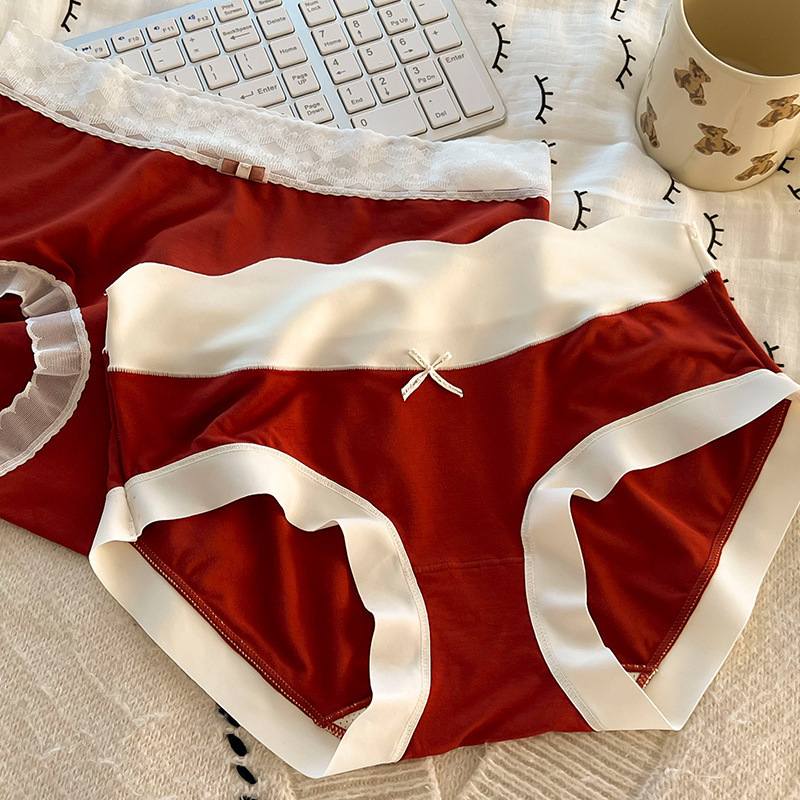 Irina ~ French Red Sweet Year Girl's Bow Comfortable Skin-friendly Mid-waist Women's Briefs