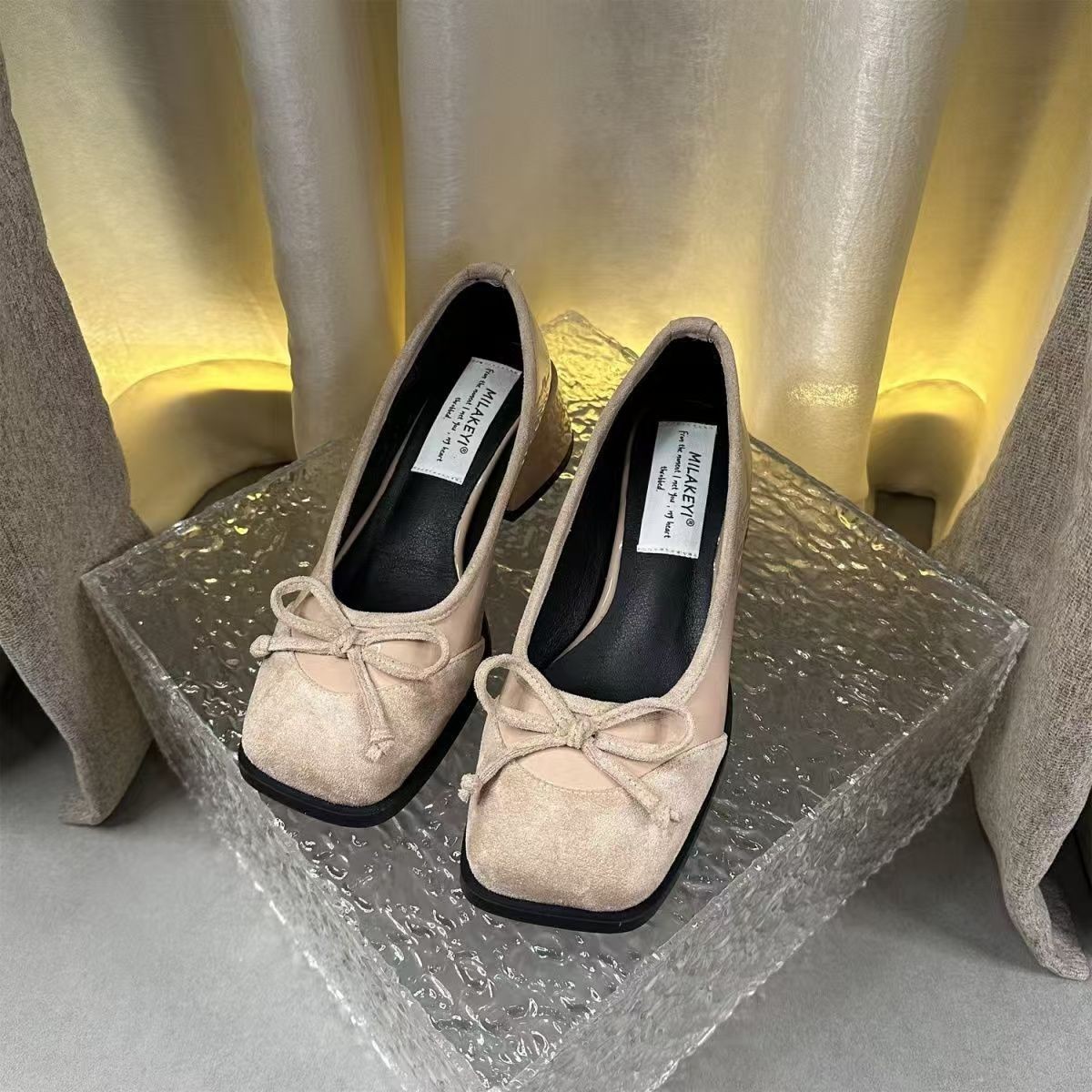 French Style Mary Jane Shoes Women's Autumn New Vintage Thick Heel High Heels Bow Shallow Mouth Single Shoes Ballet Shoes Small Leather Shoes