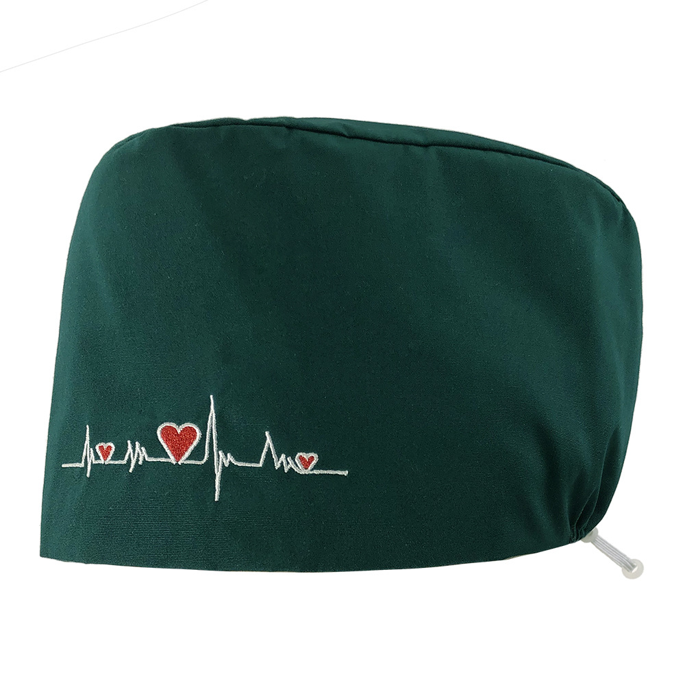 Gorro de enfermera con bordado de ECG de corazón, algodón puro, gorro de trabajo con bordado de color sólido, gorro simple para cabello largo, venta al por mayor.