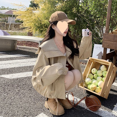 卡其色海军领夹克外套女2025春秋新款休闲宽松复古小个子短款上衣