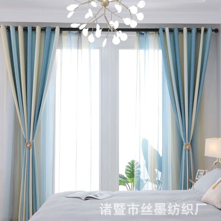 Curtain Nordic Simple Modern Living Room Cotton Linen Light Luxury Striped Gradient Mediterranean Style Bedroom Shading