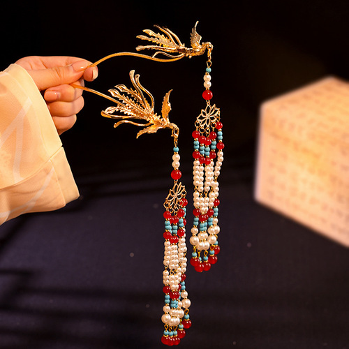 New Chinese-style phoenix hairpin, dangling earrings, bridal wedding dress, embroidered headwear, Ming-style Tang-style hairpins, cheongsam hair accessories