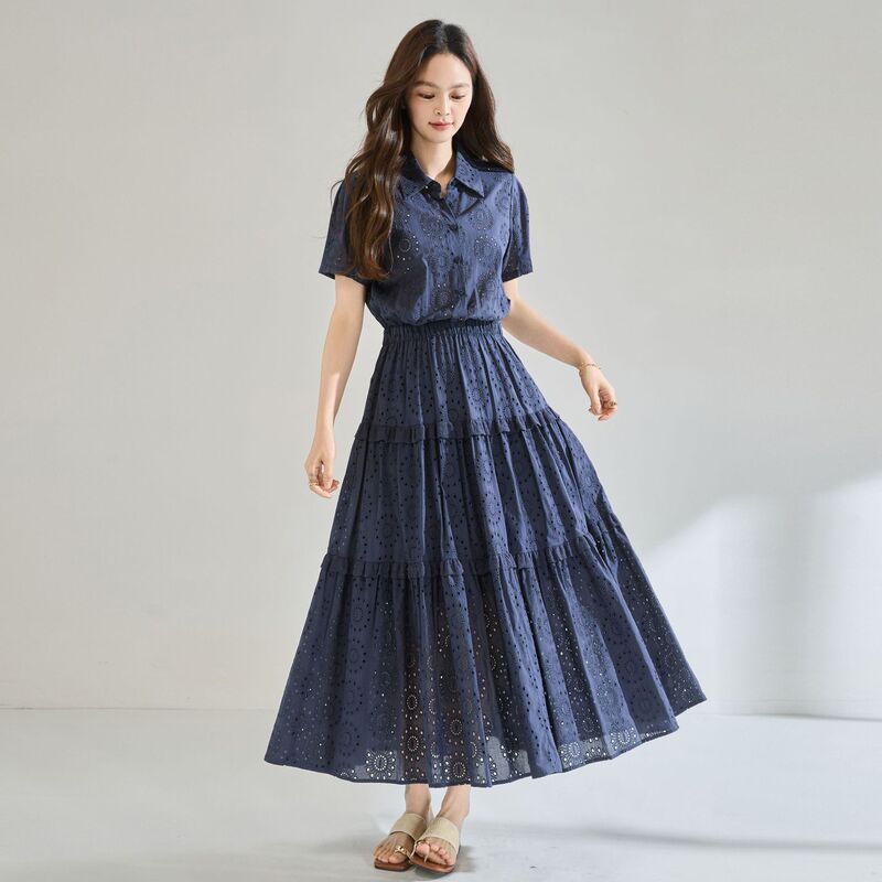 26 New Summer Style Navy Blue Hollow-Out Cotton Embroidered Tiered Hem Fairy Tea Break Dress 22821 26 New Summer Style Navy Blue Hollow-Out Cotton Embroidered Tiered Hem Fairy Tea Break Dress 22821